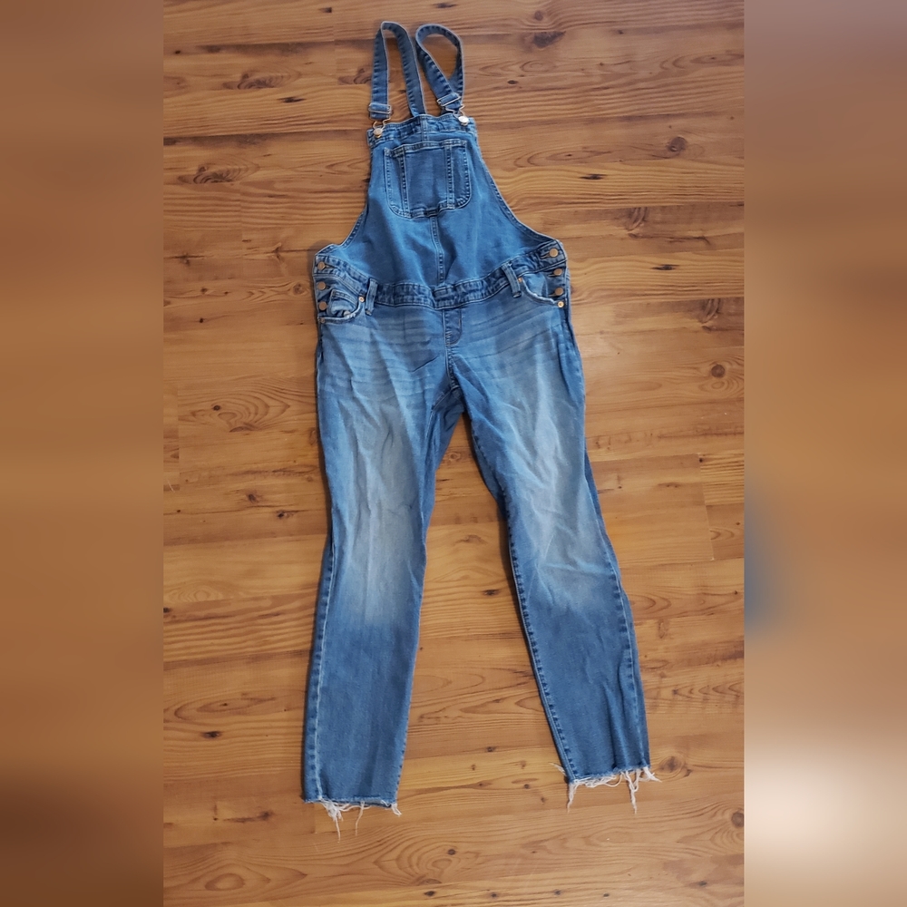 Isabel Maternity Womens Denim Overalls - Patch Bib Pocket  Raw Hem Stretchy 2
